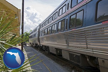 a passenger train at a railroad station - with Florida icon