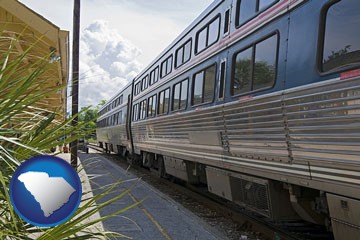 a passenger train at a railroad station - with South Carolina icon